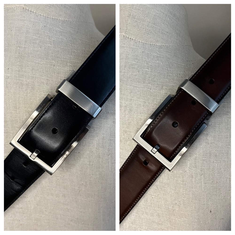 Bonded Leather Reversible Belt - Brown & Black with a Silver Buckle